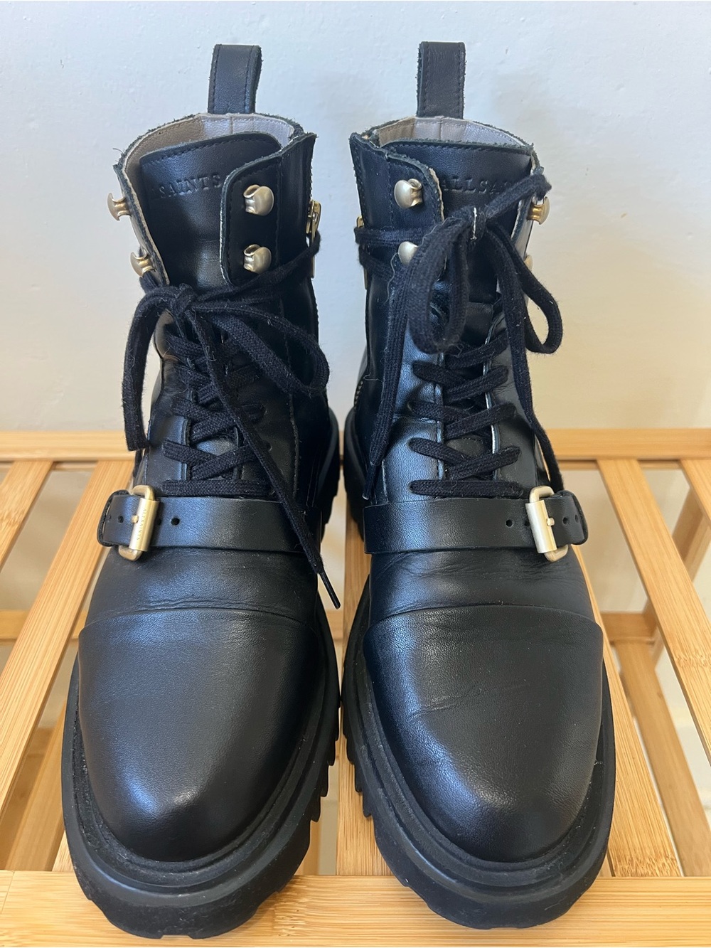 All Saints Black Leather Lace-Up Buckle Combat Boots